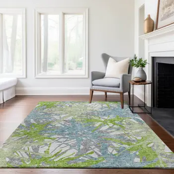 5' X 8' Green Teal Blue And Ivory Abstract Washable Area Rug With UV Protection
