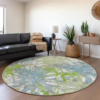 8' Green Teal Blue And Ivory Abstract Washable Round Rug With UV Protection