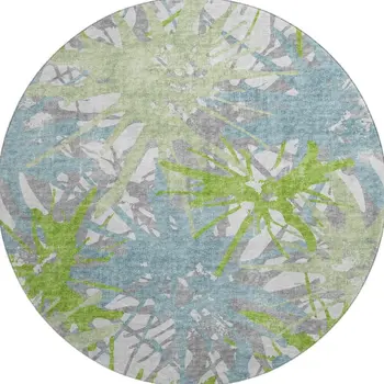 8' Green Teal Blue And Ivory Abstract Washable Round Rug With UV Protection