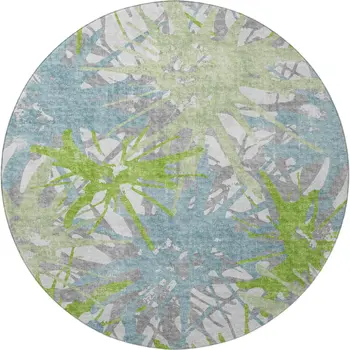 8' Green Teal Blue And Ivory Abstract Washable Round Rug With UV Protection