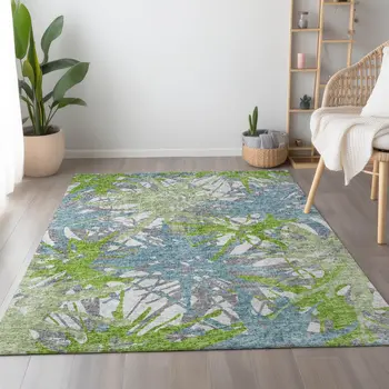 10' X 14' Green Teal Blue And Ivory Abstract Washable Area Rug With UV Protection
