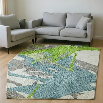 10' X 14' Green Teal Blue And Ivory Abstract Washable Area Rug With UV Protection