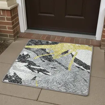 3' X 5' Gold Gray And Charcoal Abstract Washable Area Rug With UV Protection