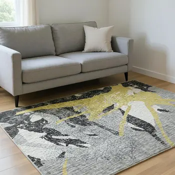 5' X 8' Gold Gray And Charcoal Abstract Washable Area Rug With UV Protection