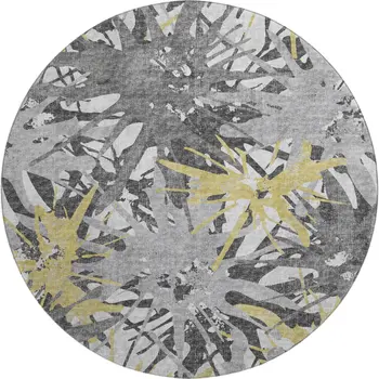 8' Gold Gray And Charcoal Abstract Washable Round Rug With UV Protection