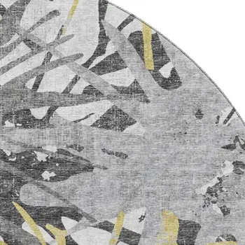 8' Gold Gray And Charcoal Abstract Washable Round Rug With UV Protection