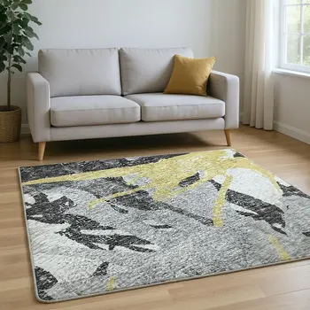 8' X 10' Gold Gray And Charcoal Abstract Washable Area Rug With UV Protection