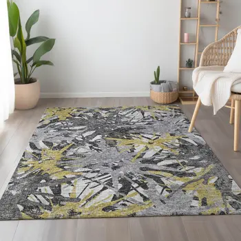 8' X 10' Gold Gray And Charcoal Abstract Washable Area Rug With UV Protection