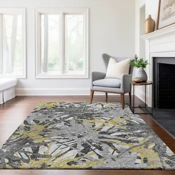 8' X 10' Gold Gray And Charcoal Abstract Washable Area Rug With UV Protection