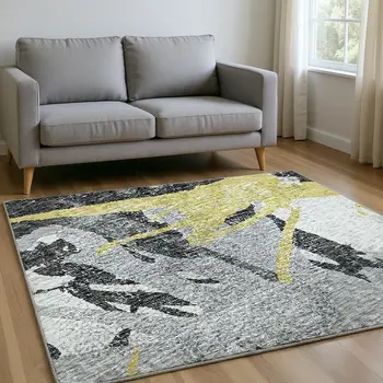 10' X 14' Gold Gray And Charcoal Abstract Washable Area Rug With UV Protection