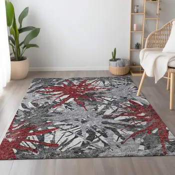 3' X 5' Red Charcoal And Gray Abstract Washable Area Rug With UV Protection
