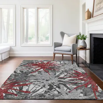3' X 5' Red Charcoal And Gray Abstract Washable Area Rug With UV Protection