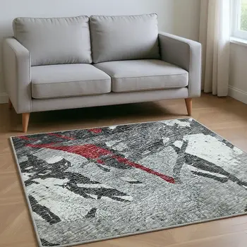 5' X 8' Red Charcoal And Gray Abstract Washable Area Rug With UV Protection