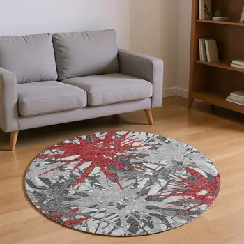 8' Red Charcoal And Gray Abstract Washable Round Rug With UV Protection