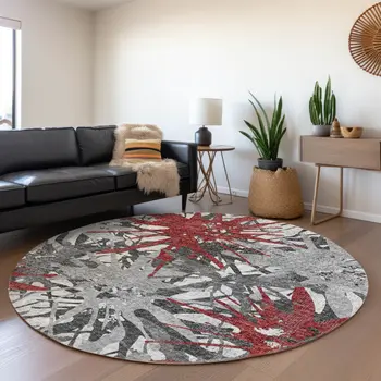 8' Red Charcoal And Gray Abstract Washable Round Rug With UV Protection