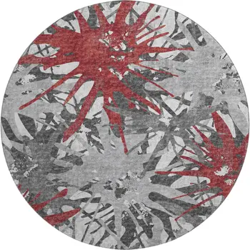 8' Red Charcoal And Gray Abstract Washable Round Rug With UV Protection