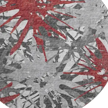 8' Red Charcoal And Gray Abstract Washable Round Rug With UV Protection