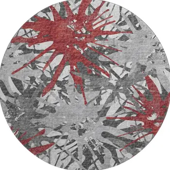 8' Red Charcoal And Gray Abstract Washable Round Rug With UV Protection