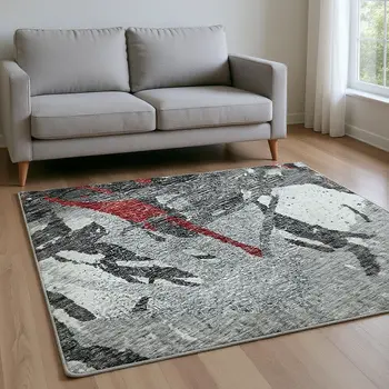 9' X 12' Red Charcoal And Gray Abstract Washable Area Rug With UV Protection