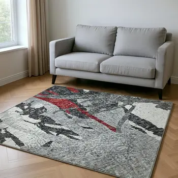 10' X 14' Red Charcoal And Gray Abstract Washable Area Rug With UV Protection