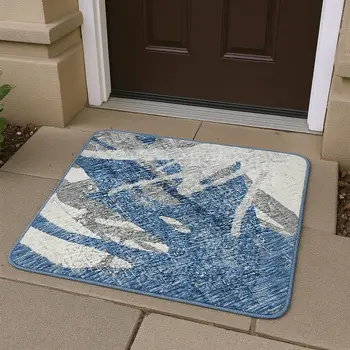 3' X 5' Blue Ivory And Gray Abstract Washable Area Rug With UV Protection