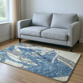 5' X 8' Blue Ivory And Gray Abstract Washable Area Rug With UV Protection