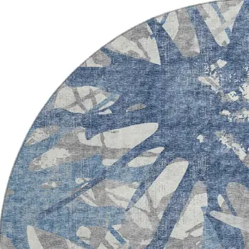 8' Blue Ivory And Gray Abstract Washable Round Rug With UV Protection