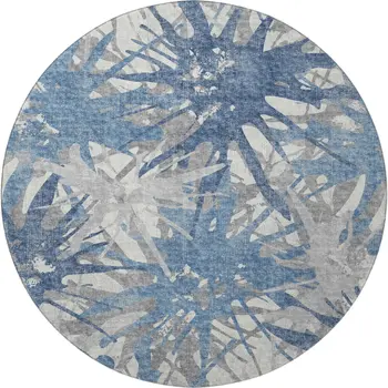 8' Blue Ivory And Gray Abstract Washable Round Rug With UV Protection