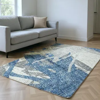 8' X 10' Blue Ivory And Gray Abstract Washable Area Rug With UV Protection