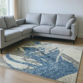 10' X 14' Blue Ivory And Gray Abstract Washable Area Rug With UV Protection