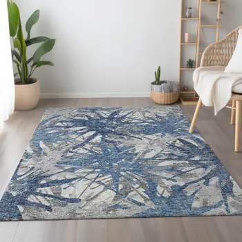 10' X 14' Blue Ivory And Gray Abstract Washable Area Rug With UV Protection