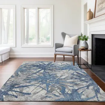 10' X 14' Blue Ivory And Gray Abstract Washable Area Rug With UV Protection