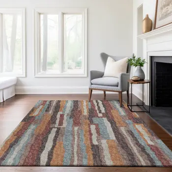 3' X 5' Rust Brown And Blue Abstract Washable Area Rug With UV Protection