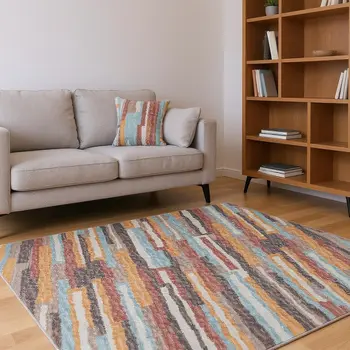 8' Rust Brown And Blue Abstract Washable Round Rug With UV Protection