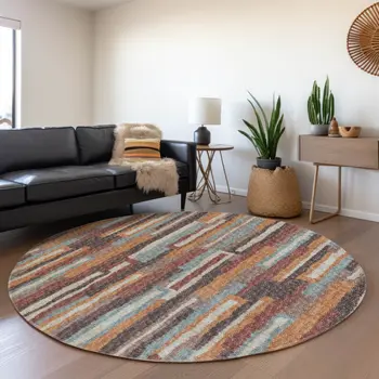 8' Rust Brown And Blue Abstract Washable Round Rug With UV Protection