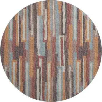 8' Rust Brown And Blue Abstract Washable Round Rug With UV Protection