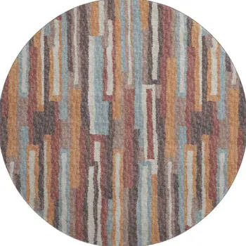 8' Rust Brown And Blue Abstract Washable Round Rug With UV Protection