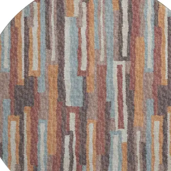 8' Rust Brown And Blue Abstract Washable Round Rug With UV Protection
