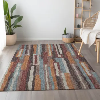 8' X 10' Rust Brown And Blue Abstract Washable Area Rug With UV Protection