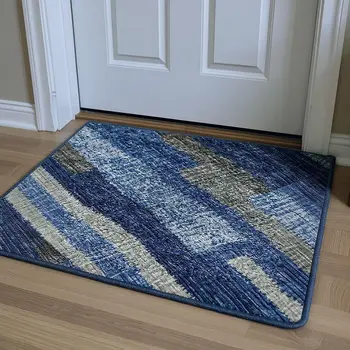 3' X 5' Blue Ivory And Gray Abstract Washable Area Rug With UV Protection