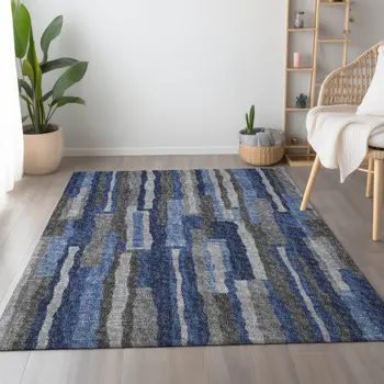 3' X 5' Blue Ivory And Gray Abstract Washable Area Rug With UV Protection