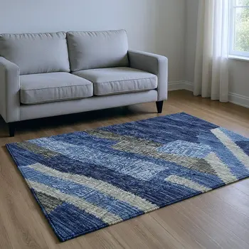 8' X 10' Blue Ivory And Gray Abstract Washable Area Rug With UV Protection