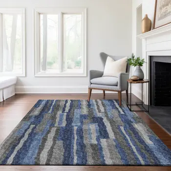 9' X 12' Blue Ivory And Gray Abstract Washable Area Rug With UV Protection
