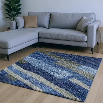 9' X 12' Blue Ivory And Gray Abstract Washable Area Rug With UV Protection