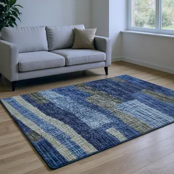 10' X 14' Blue Ivory And Gray Abstract Washable Area Rug With UV Protection