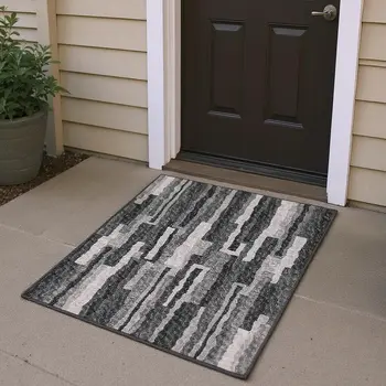 3' X 5' Graphite And Ivory Abstract Washable Area Rug With UV Protection