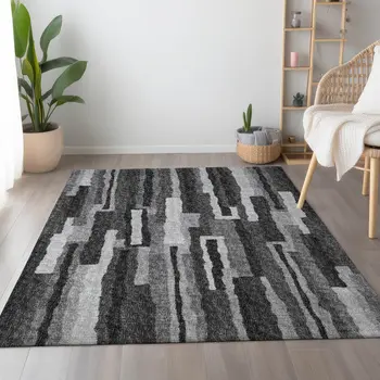 3' X 5' Graphite And Ivory Abstract Washable Area Rug With UV Protection