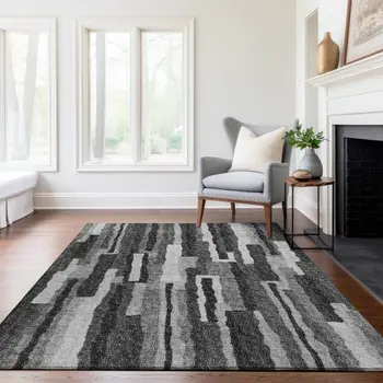 3' X 5' Graphite And Ivory Abstract Washable Area Rug With UV Protection