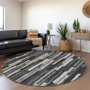 8' Graphite And Ivory Abstract Washable Round Rug With UV Protection