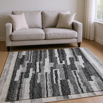 8' X 10' Graphite And Ivory Abstract Washable Area Rug With UV Protection